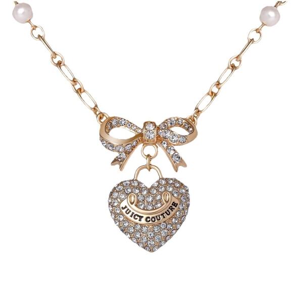 NIB JUICY COUTURE Gold Rhinestone Heart Bow Pearl Pendant Necklace 18”+2” GIFT - Picture 12 of 15